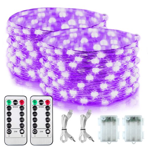 2 Pack Battery Operated UV Blacklight, 16.4ft 2835 LED UV Lamp Beads 8 Modes Flexible Black Lights Fixtures Fairy String Lights with Remote for Fluorescent Party Stage Body Paint Halloween Décor
