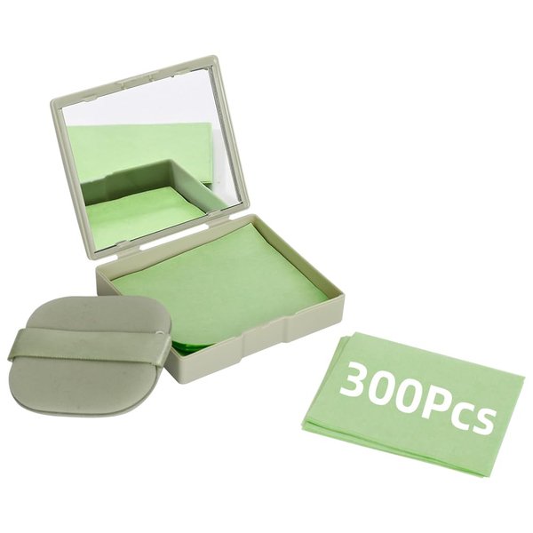 Derkerry Oil Blotting Sheets - 300 PCS Face Oil Absorbing Sheets Natural Oil Control Film for Oily Skin with Mirror and Puff