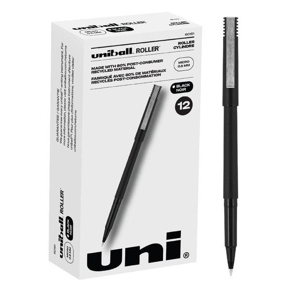 uni-ball Roller Rollerball Pens Fine Point Micro Tip, 0.5mm, Black, 12 Pack
