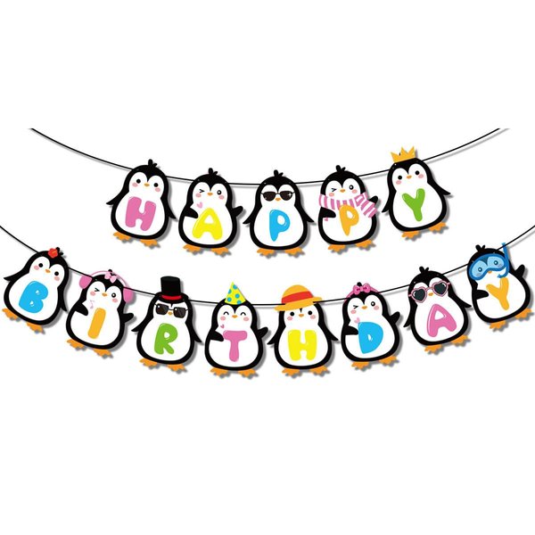 Cute Penguin Happy Birthday Banner, Penguin Birthday Party Decorations, Boy Girl Baby Shower Cartoon Animal Theme Supplies Garland, Winter Onederland Kids 1st First Bday Decor