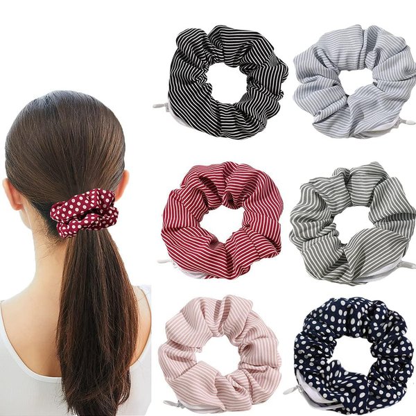 Pocket Scrunchies for women Hair Ties with Hidden Zipper Stash Scrunchy Ponytail Holder (6 PCS Ribbed)