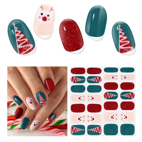 DUKASOU Semi Cured Gel Nail Strips,28 pcs Christmas Nail Stickers Full Nail Wraps,Long Lasting Gel Nail Strips with Any UV Light,Red Green Christmas Sticker for Nails Easy to Apply