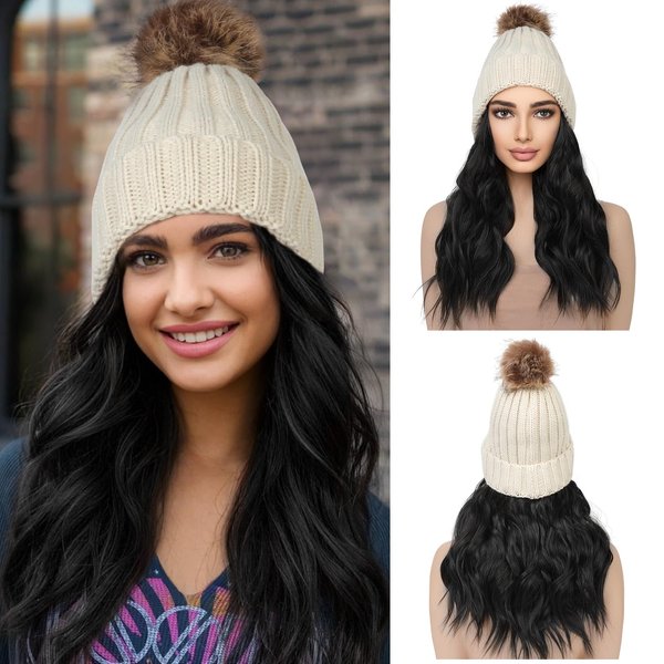 REECHO Beanie Hat Wig, Warm Knitted Beige Beanie Hat with 14" Wavy Hair Extension Synthetic Hairpiece for Women - Beige Beanie, Black Hair