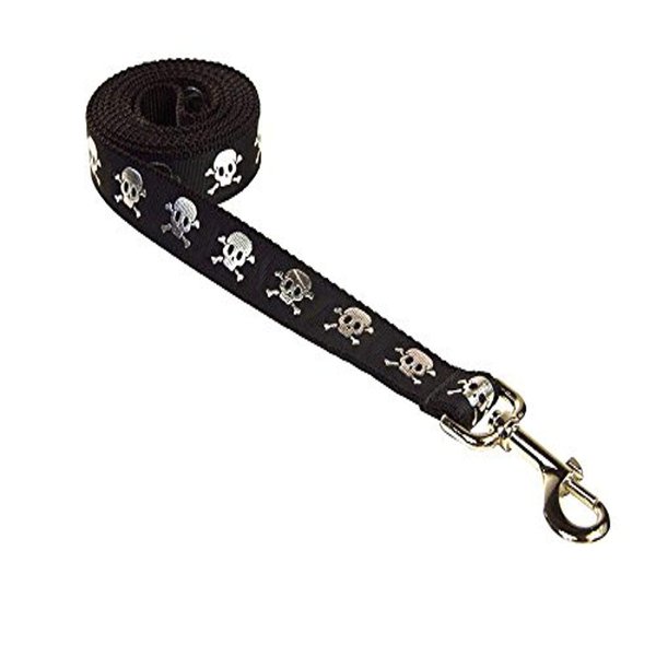 Small Black Reflective Skull Dog Leash: 3/4" wide, 4ft length - Made in USA.