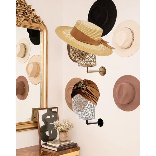 CHADWICK Wall Mount Hat Stand Metal Hollow Mannequin Head Stand Hanging Wig Holder 21Inch Wig Drying Holder Wig Storage Organizer Rack Hat Display Stand for Hats, Wigs, Caps, Earrings, Chrome Gold