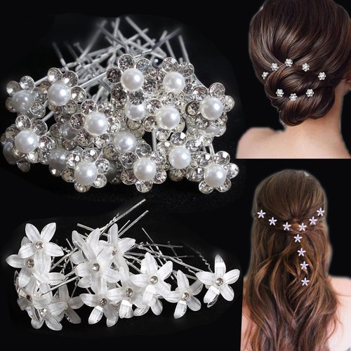 SUKPSY 40 Pcs Bridal Wedding Diamond Pearl Flower Hair Pins U Shape Hair Pins Bridesmaid Hair Accessories Crystal Rhinestone Bridal Hair Clip Tiara for Bridal Wedding and Women's Hair Jewelry (White)
