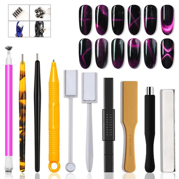 JERCLITY 10 Pieces Cat Eye Magnet for Nails Double-head Flower Design Nail Magnet Pens Magnet Stick Multi-Function Magnet Board 3D Magnetic for Cat Eye Gel Polish DIY Nail Art