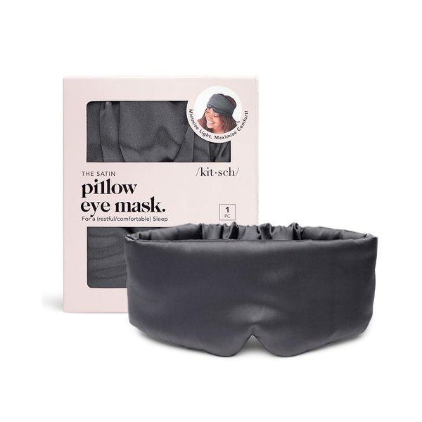 Kitsch Blackout Satin Sleep Mask, Softer Than Real Mulberry Silk Eye Cover, Soft Pressure Free Shade Blindfold for Puffy Eyes with Adjustable Straps, Weighted Eye Mask for Sleeping Women Men, Charcoal