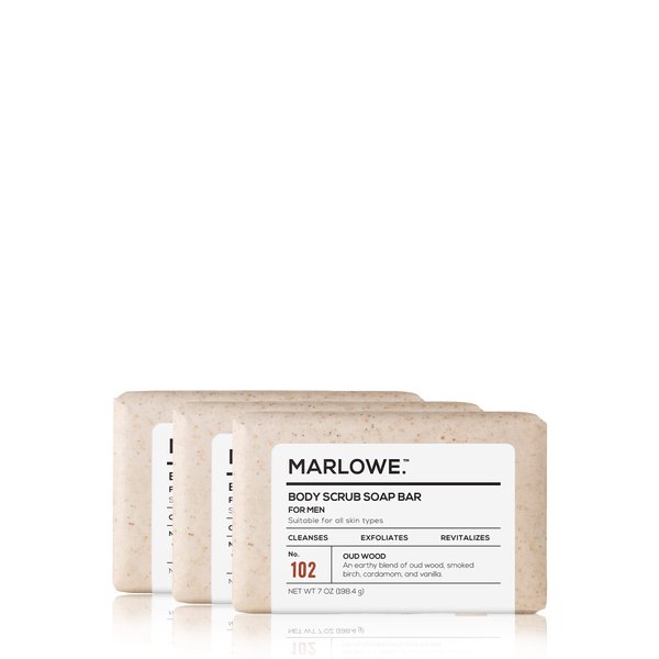 MARLOWE. No. 102 Men's Body Scrub Soap 7oz (3 Bars) Earthy Oud Wood Scent, Best Exfoliating Bar for Men, Made with Natural Ingredients, Apricot Seed Powder, Shea Butter, Olive Oil, Green Tea Extracts