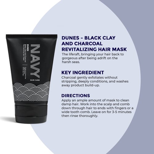 Navy Hair Care Hydrating Hair Mask - 4 Fl oz | Clay Hair Mask for Dry Damaged Hair | Hair Growth & Repair Mask | Paraben Free & Vegan Friendly | Dunes - Black Clay and Charcoal Revitalizing Mask