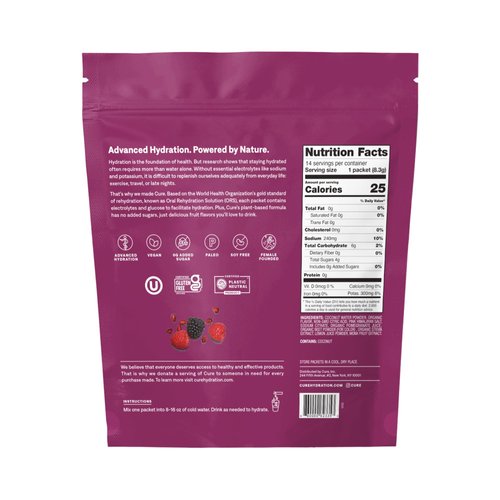Cure Hydrating Plant Based Electrolyte Mix | FSA & HSA Eligible | Powder for Dehydration Relief | Made with Coconut Water | Non-GMO | No Added Sugar | Vegan | Pouch of 14 Packets - Berry Pomegranate