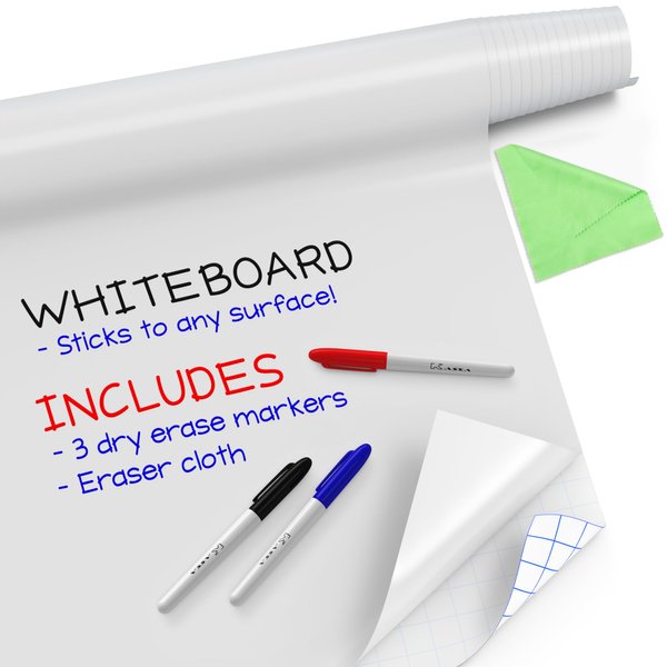 Kassa Reusable & Removable White Board Wallpaper | 17" Wide x 78" Long Self Adhesive Dry Erase Contact Paper | 3 Markers & Eraser Cloth Included | for Home, Office, School & Kids Art & Decoration
