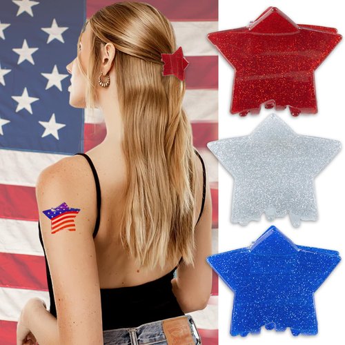 3Pcs Star Hair Claw Clips Glitter Red White Blue USA Patriotic Nonslip Hair Clips Sparkling Cute Star Hairpin Hair Claw Barrettes Hair Accessories for Women Girls Independence Day Daily Hair Styling