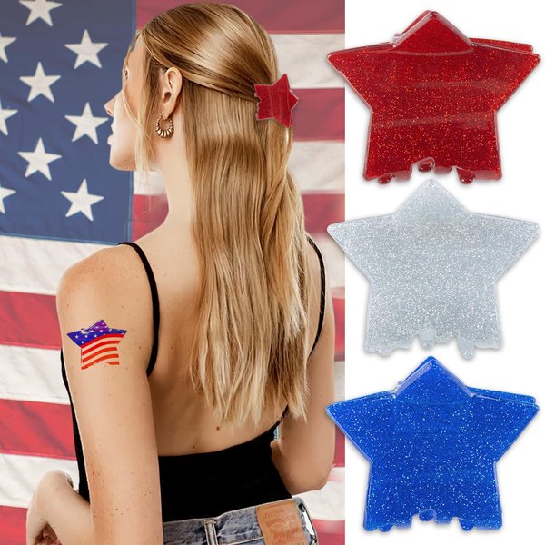 3Pcs Star Hair Claw Clips Glitter Red White Blue USA Patriotic Nonslip Hair Clips Sparkling Cute Star Hairpin Hair Claw Barrettes Hair Accessories for Women Girls Independence Day Daily Hair Styling