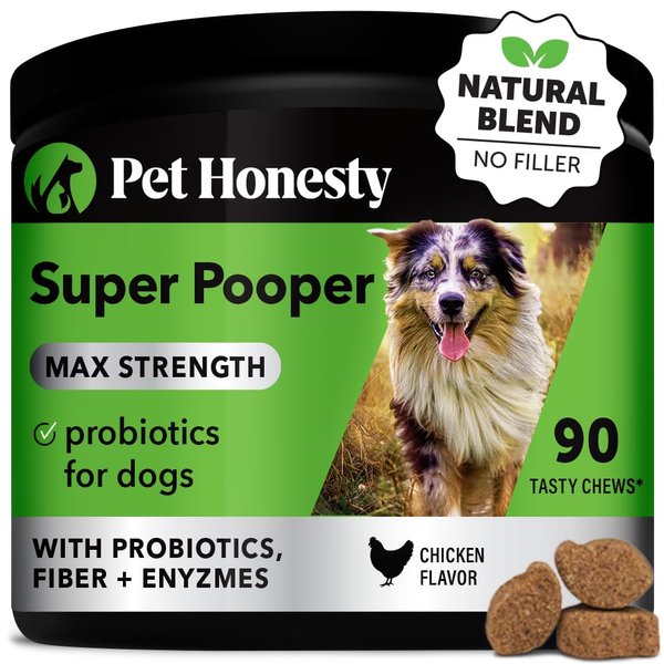 Pet Honesty Super Pooper Max Strength Probiotic Chews, Fiber, Prebiotics, probiotics, & Digestive Enzymes, Digestion & Health Supplement for Dogs, Relieve Digestive Upset Conditions, (90 Ct)