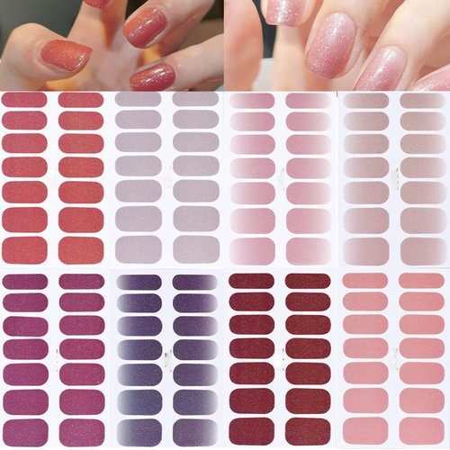 Glitter Color Nail Polish Strips Full Nail Wraps Stickers Self-Adhesive Decals Strips Nail Art Polish Stickers Kits Designs for Women Girls Manicure Tips Decorations (8 Sheets 112 Pieces)
