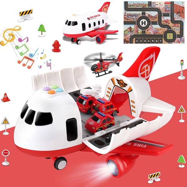 Dwi Dowellin Airplane Toys with Fire Truck Cars Toy Set and Play Mat,Plane with Light Up and Sounds,Birthday Gift for 3 4 5 6 Years Old Kids Boys Girls(Medium)