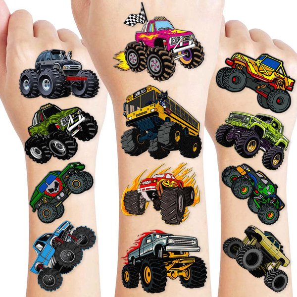 8 Sheets (97PCS) Monster Truck Temporary Tattoos Themed Birthday Party Decorations Favors Supplies Decor Stickers For Kids Boys Girls Gifts Classroom School Prizes Rewards