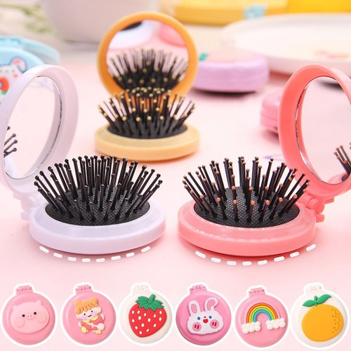 1Pc Travel Hair Brush with Mini Mirror - Portable Folding Round Massage Brush for Girls and Women, Strawberry Hair Care