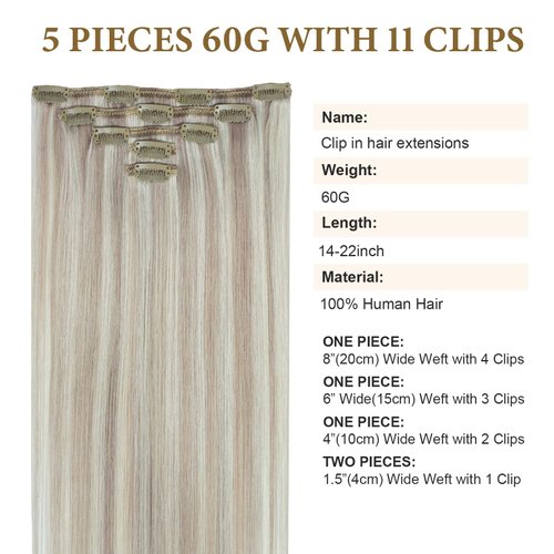 Clip in Human Hair Extensions Ash Blonde Highlighted Platinum Blonde 18 Inch 60G 5 PCS Clip on Hair Extensions Invisible Double Weft Straight Natural Remy Brazilian Clip ins Real Human Hair for Women