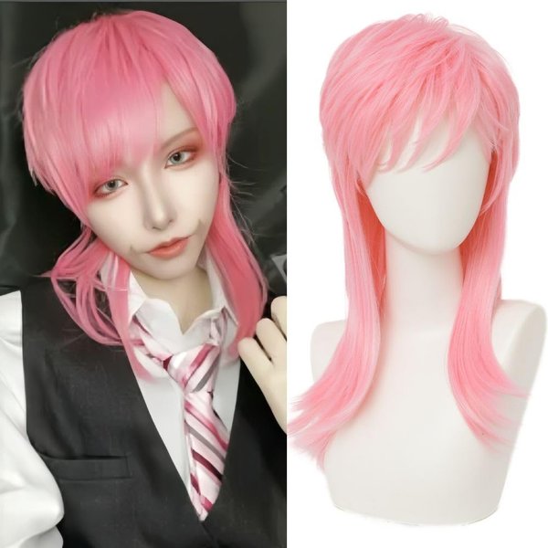 Amnenl Pink Long Wig with Bangs for Men Straight Anime Cosplay Shag Wig Synthetaic Heat Resistant Pastel Cosplay Costume Hair Wig for Daily Party Use Unisex