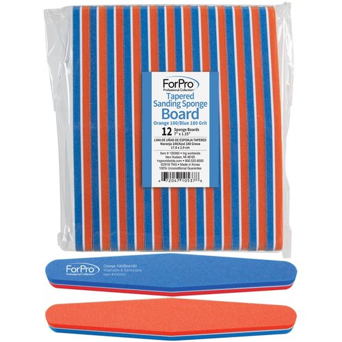 ForPro Professional Collection Sanding Sponge Board, Orange 100/Blue 180 Grit, Double-Sided Manicure & Pedicure Nail Buffer, 7” L X 1.15” W, 12-Count