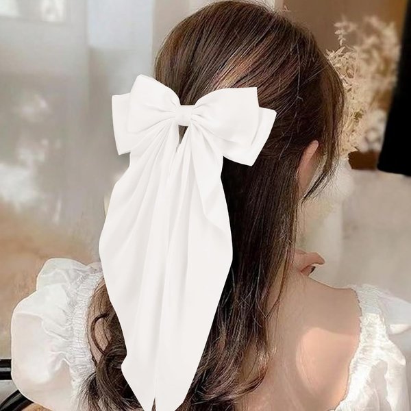 3pcs White Hair Bows for Women, Bow Hair Clips with Long Tail Silky Satin Bow Clips Bows Hair Ribbon Cute Hair Clips Big Hair Bows Hair Accessories Big Bow Barrettes