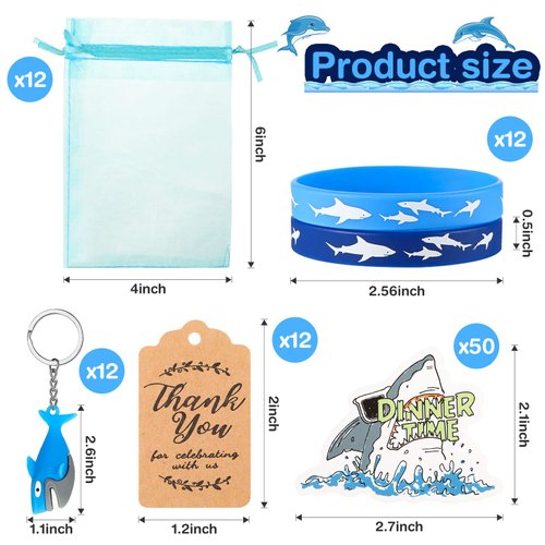 98 Pieces Shark Birthday Party Favors School Stuff Including Blue Rubber Wristbands Shark Keychain Key Ring Decoration Goodie Bags Shark Stickers Decal Thank You Tags for Shark Theme Party Supplies