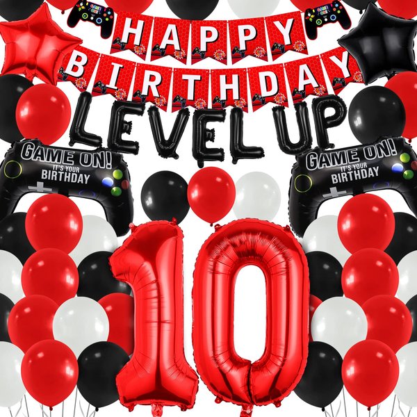 10th Level Up Theme Video Game Birthday Decorations Supplies Boys Girls Party Decor Favors Including Red Black White Latex Balloons Gaming Birthday Banner Black and Red Foil Gamepad Balloons