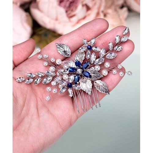 Aimimier Bridal Sapphire Crystal Hair Comb Pearl Blue Crystal Leaf Marquise Hair Piece Prom Party Festival Wedding Hair Accessories for Women and Girls (Silver)