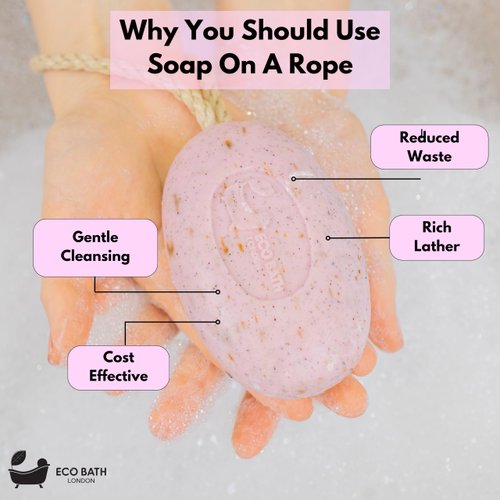 Eco Bath London Rose Soap on a Rope 220g - Luxurious and Eco Friendly Body Wash Bar with Shea Butter, Natural Shower Gel Bar for Smooth and Hydrated Skin
