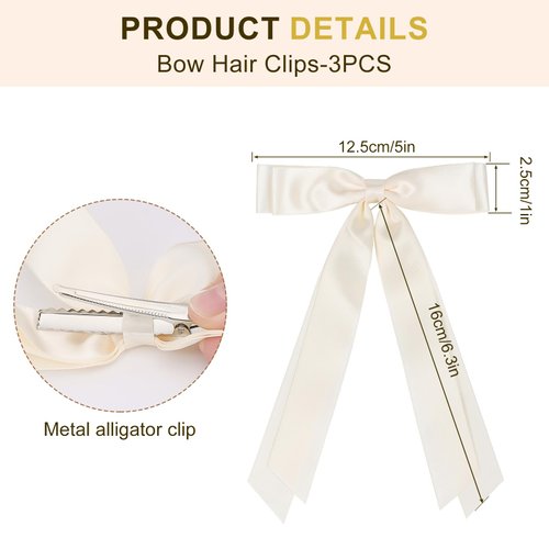 3PCS Silky Satin Hair Bows, Etercycle Beautiful Hair Ribbon Tassel Bow Clip, BowKnot Barrettes Hair Accessories Alligator Clips Hair Bow for Women Girls(Black/Beige/White)