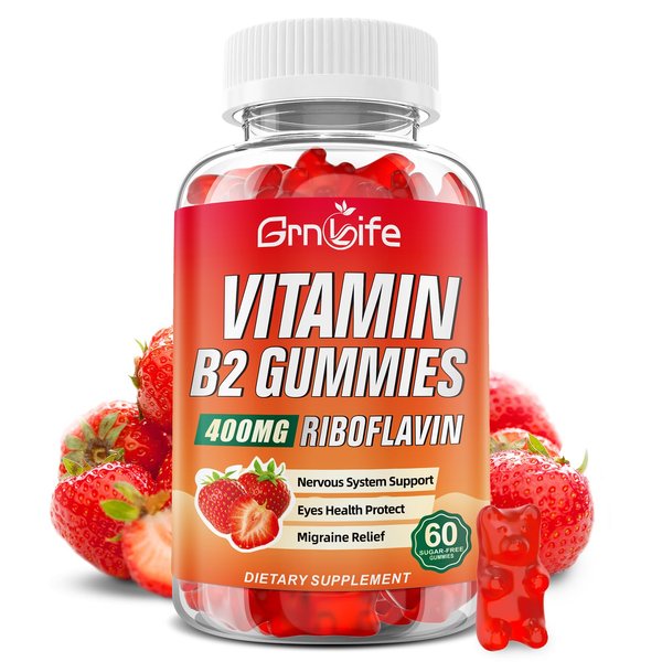 Vitamin B2 Gummies, Riboflavin 400mg with Magnesium for Kids & Adults, B2 Gummies for Migraine Relief & Energy Support, Strawberry Flavor, 60 Count