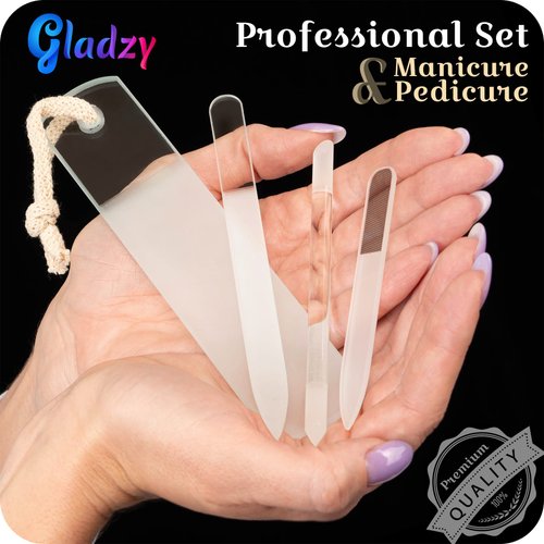 Genuine Czech Glass Nail File Set - Multi-functional Shiner Buffer, Callus Remover Foot Rasp, Precision Filing Cuticle Pusher, Etched Surface, Manicure & Pedicure, Professional Care, Quality by GLADZY
