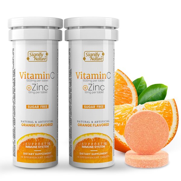 SIGNIFY NATURE Vitamin C 1000mg Effervescent Tablets - Potent Immune Support VIT C with Zinc Supplement - Sugar-Free & Vegan Formula | Dissolvable Vitamin C Tablets - Water Soluble Fizzy Elixir - 20CT