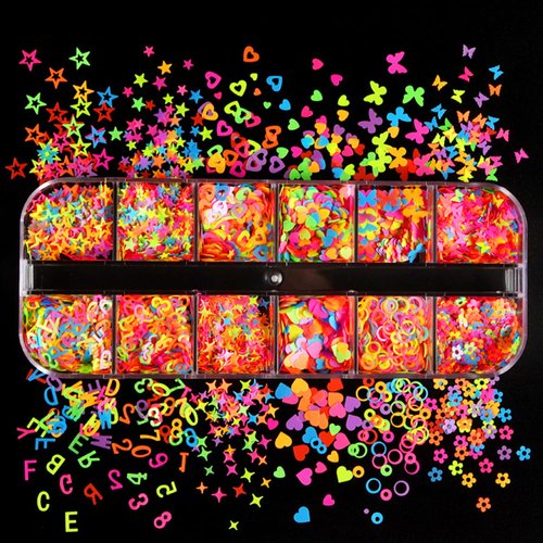 Luminous Nail Art Sequins, Fluorescent 3D Nail Glitter Flakes Design, Butterfly Flowers Stars Heart Letters Nail Decorations Holographic Acrylic Supplies Accessories False Nails Manicure Confetti Kit