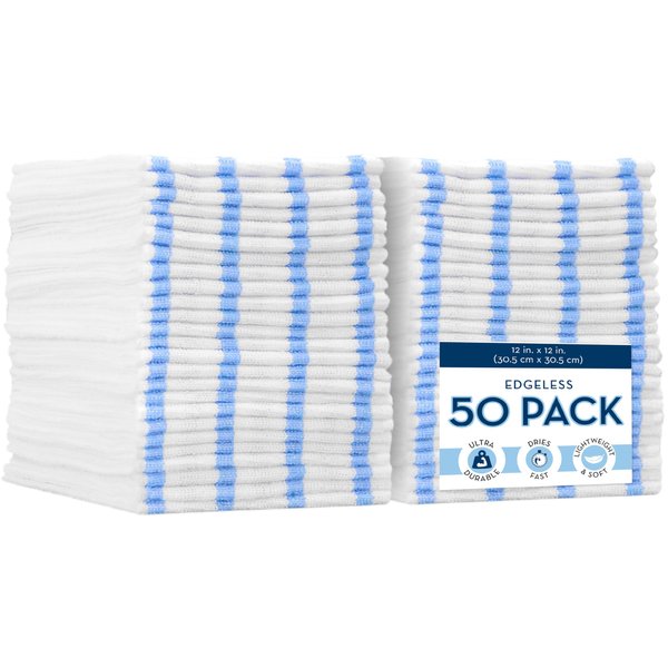 VIKING Bulk Edgeless Microfiber Cleaning Cloths, White and Blue Stripe, 50 Pack