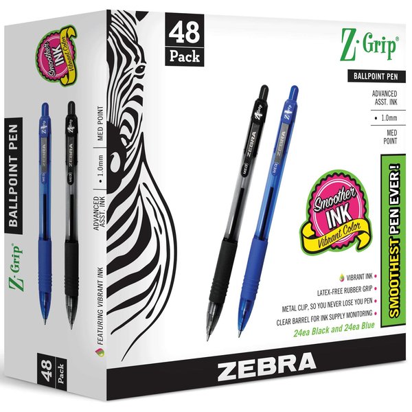 Zebra Pens Bulk Pack Of 48 Ink Pens, Z-grip Retractable Ballpoint Pens Medium Point 1.0 Mm, 24 Black Pens & 24 Blue Pens Combo Pack