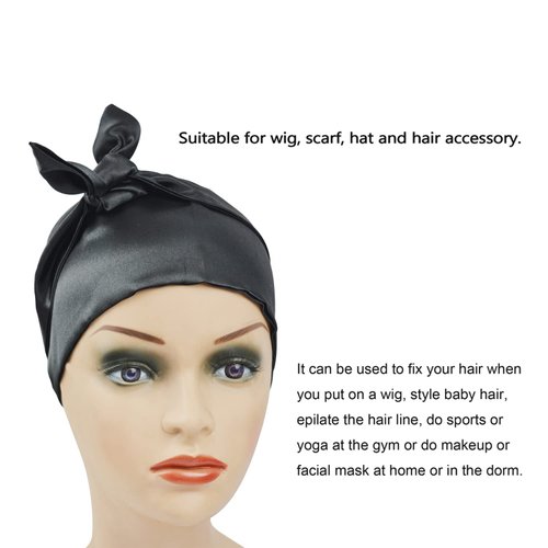 YANTAISIYU 2 Pcs Satin Head Wrap Fashion Headbands Satin Scarf for Wigs Laying Scarf for Lace Frontal Wigs Satin Headband for Yoga, Makeup, Facial, Sport (Black)