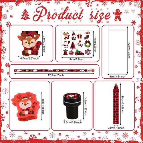 Dianelhall 168 Pcs Christmas Stationery Party Favors Bulk Christmas Buffalo Plaid Mini Notebook Pencils Stickers Stamps Erasers Rulers Bags for Kids Classroom Exchange Gifts Xmas Party Favor Supplies