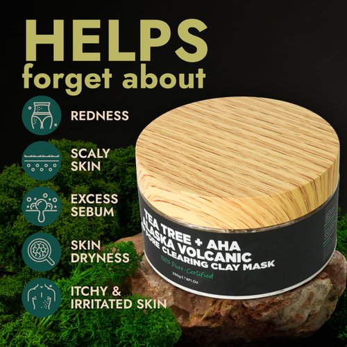 Terramed Just Think Comfort Pore Cleansing Mask - Blackhead Remover Clay Mask - Pore Minimizer for Face with Volcanic Ash & AHA - Itching, Burning, Redness Relief - Detoxifies and Refines Skin