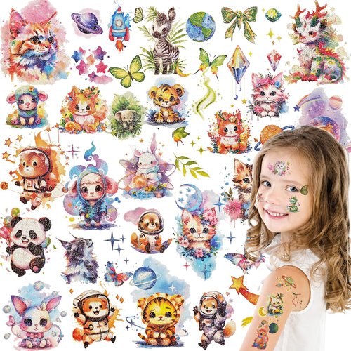 Qpout 18 Sheets Glitter Animal Temporary Tattoos for Kids,Jungle Animal Fake Tattoos,Cute Watercolors Tiger Dragon Cat Safari Tattoos for Animal Birthday Party Favors Supplies Decorations