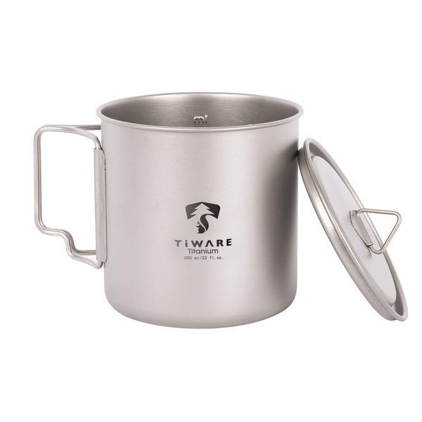 Titanium Dual Purpose Camping Mug or Pot with Lid 650ML/21.9 FL. OZ Ultra-Light Weight Tableware Durable w. Foldable Handles for Space Saver & Portable Carrying Bag Reusable Eco-Friendly long lasting