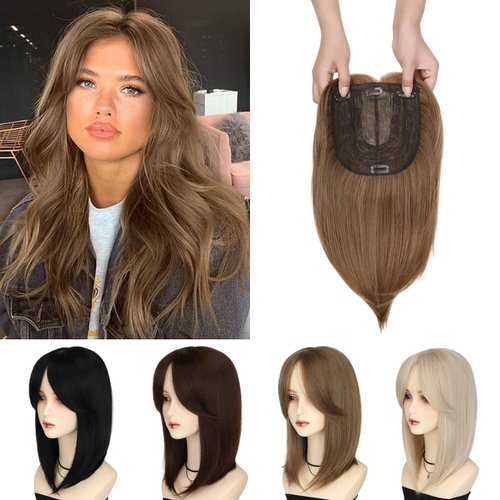 SHANGZI 14" Hair Toppers for Women Clip In Topper Hair Pieces With Bangs Hair Topper Top Synthetic Hairpieces Hair Extensions Ash Blonde Mix Ginger Brown