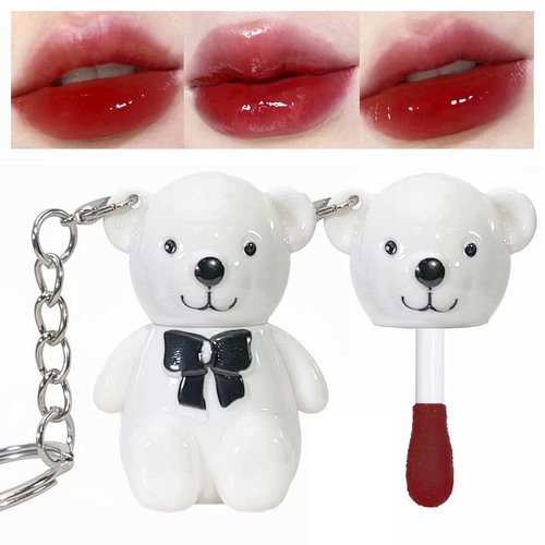Yasovigi Bear Lip Gloss Keychain, Mirror Lip Tint Stain Liquid Lipstick, Multi-Use Lip Glaze and Cheek Tint, High Pigment, Long-Lasting Nourishing Repairing (6# cherry)