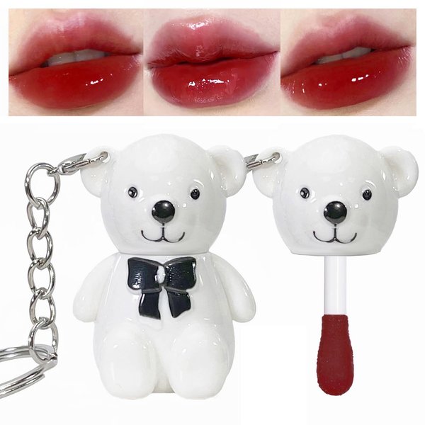 Yasovigi Bear Lip Gloss Keychain, Mirror Lip Tint Stain Liquid Lipstick, Multi-Use Lip Glaze and Cheek Tint, High Pigment, Long-Lasting Nourishing Repairing (6# cherry)