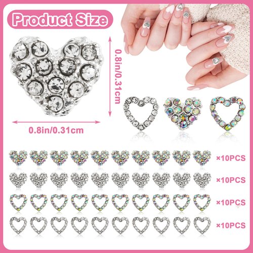 DSLSQD 40 Pieces Heart Nail Charms, Heart Charms for Nails 3D Diamond Alloy Nail Gems Rhinestones for Nails Nail Art Supplies for Women Girls Nail Design Valentine's Day Wedding Decor