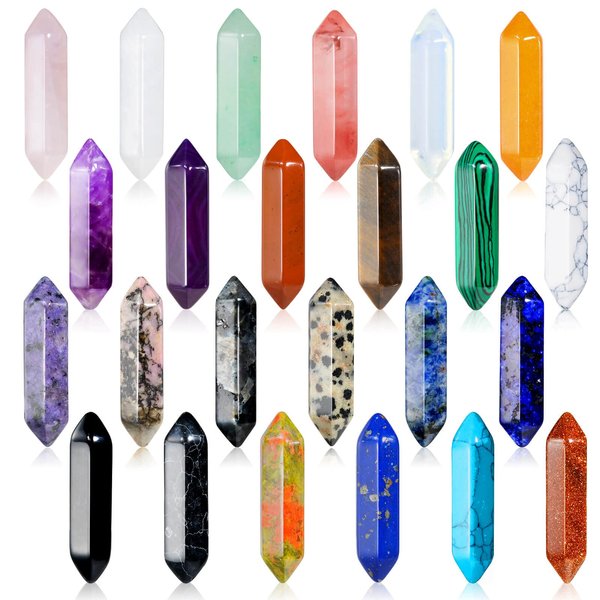 24Pcs Healing Crystals Stones Sets, Hexagonal Bullet Shaped Reiki Meditation Gemstone Chakra Stones Tiger Eye Obsidian Quartz Crystals Gemstone Wand Set Pendants with Storage Box