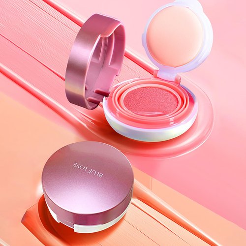BLUE LOVE Cushion Liquid Blush for Cheeks with Mirror, Natural and Elegant Face Makeup Blush Cream, Silky Face Blushes Cheek Tint, Contour & Highlight Face for Sheer Finish (Peach Pink)