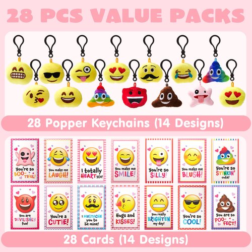 JOYIN 28 Pack Valentines Day Gifts Cards with Expression Face Plush Key-chain, Greeting Cards with Plush for Valentine Classroom Exchange, Kids Party Favor, Game Prizes and School Rewards